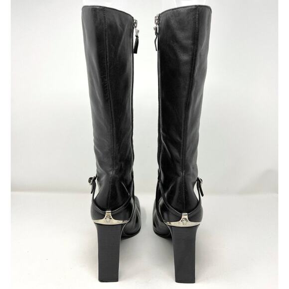 Versace Black Leather Knee High Boots 39.5 Square Toe Block Heel Italy - Picture 4 of 10